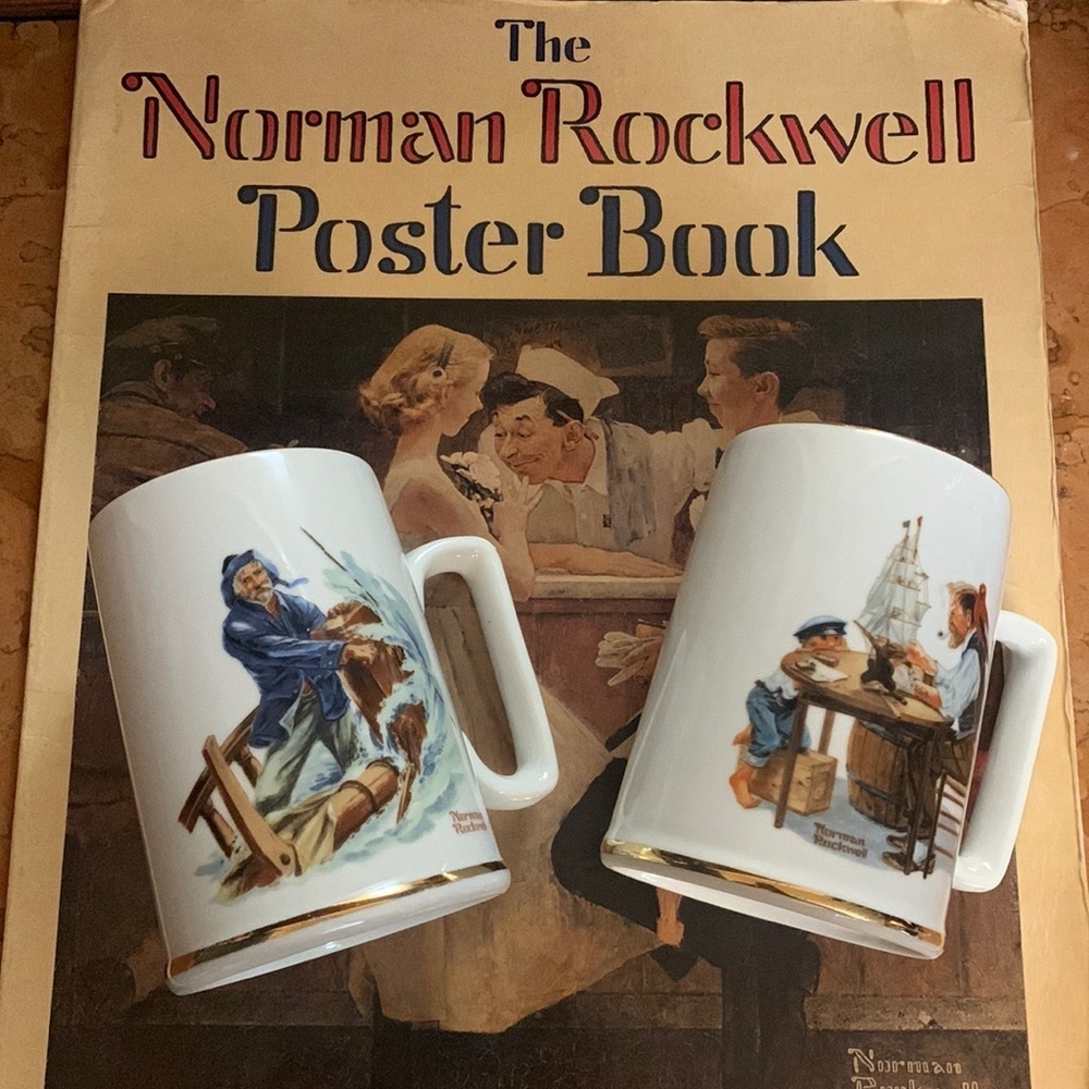 2 Vintage 1980’s Norman Rockwell Coffee Mugs Cups & Poster Book